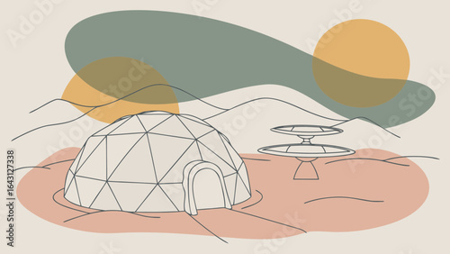 A minimalist illustration of a geodesic dome structure set in a stylized landscape with abstract mountains and celestial bodies.