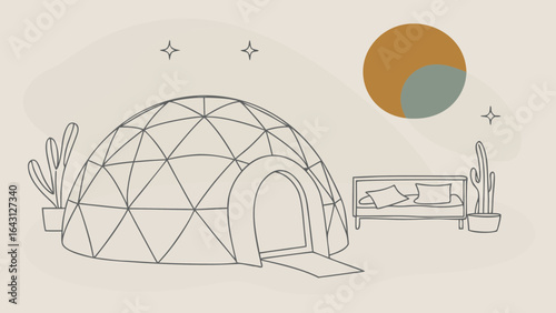A minimalist illustration of a geodesic dome with a welcoming entrance, surrounded by plants and a serene atmosphere.