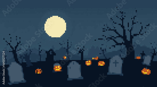Haunting Halloween Night in Pixel Art Cemetery