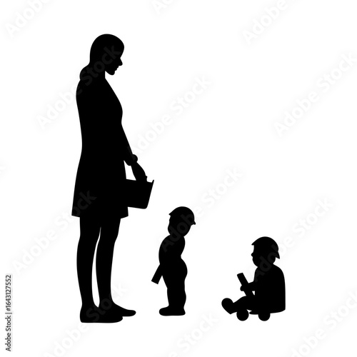 Silhouette of woman with basket and two children in simple caregiving scene