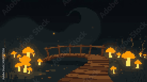 Ethereal Bridge with Glowing Mushrooms at Night