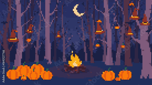 Pixel Art Halloween Night in the Enchanted Forest