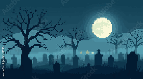 Pixelated Graveyard Under a Full Moon
