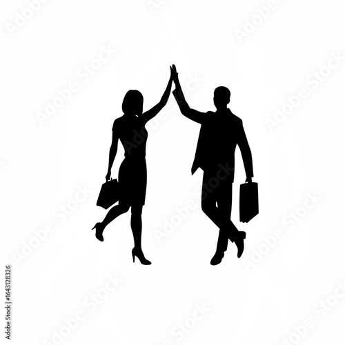Confident business partners in a high five silhouette isolated on white background