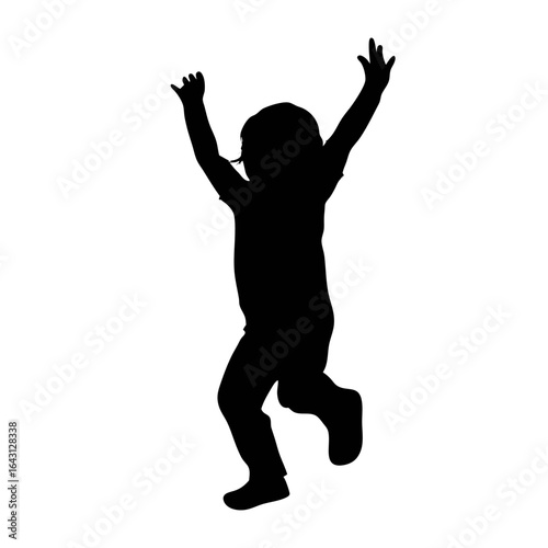 Energetic child silhouette mid-jump with arms up in pure happiness