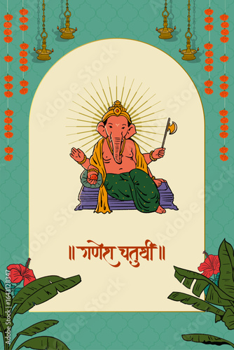 Ganesh Chaturthi Calligraphy, Lettering in Hindi, Marathi with Lord Ganesha vector illustration and festival elements