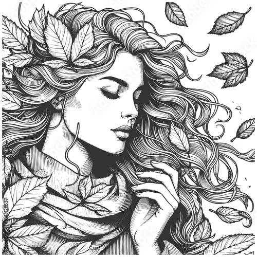 serene woman with flowing hair and leaves, evoking nature, fantasy, and seasonal transformation sketch engraving generative ai fictional character vector illustration. Scratch board. Black and white.