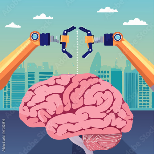 Firefly  A stylized brain icon connected to a robotic arm, exchanging data and code. The illustratio