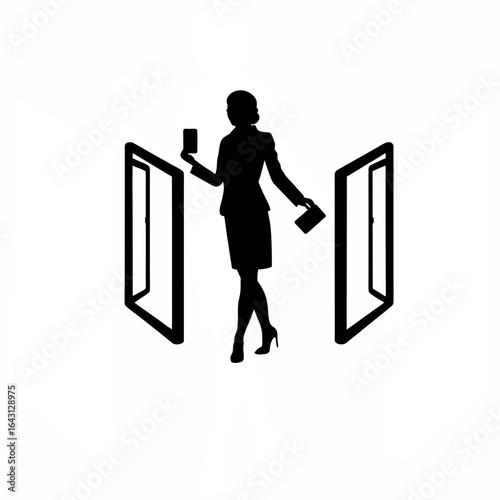 Confident businesswoman silhouette holding a keycard and swiping isolated on white background