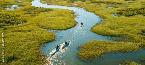 Fototapeta Naklejka Na Ścianę i Meble -  Tourists kayaking in everglades national park florida aerial view