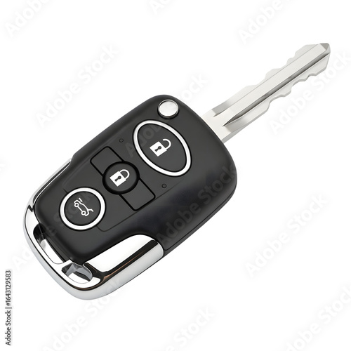 Modern car key fob with remote control buttons for unlocking, locking, and starting the engine, isolated on transparent background