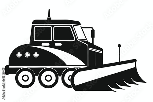 Black silhouette displays a tractor with front plow over a white background