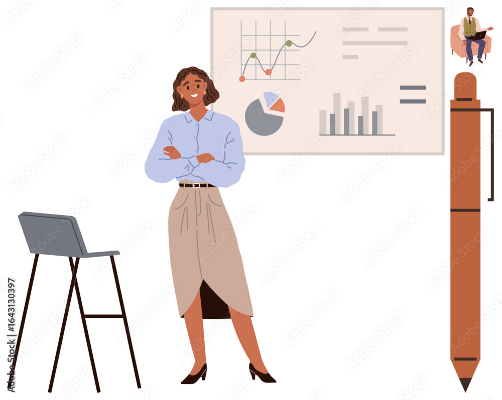 Confident woman presenting analytical data with visual graphs, seated chair, massive pen. Ideal for business, teamwork, education, productivity, leadership, empowerment a simple flat metaphor Confident woman presenting analytical data with visual graphs, seated chair, massive pen. Ideal for business, teamwork, education, productivity, leadership, empowerment a simple flat metaphor