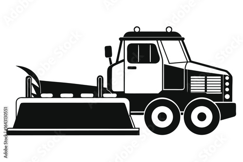 Black heavy truck with a snowplow on a stark white background