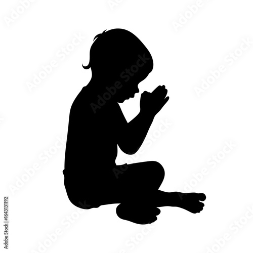 Child kneeling in prayer silhouette with innocent posture