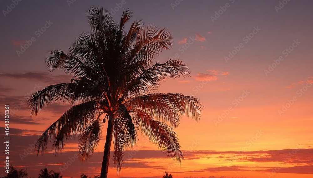 Obraz premium Silhouetted palm tree at fiery sunset
