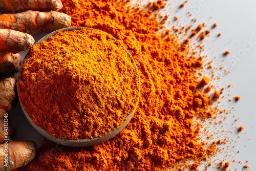 Turmeric powder in a bowl, with roots