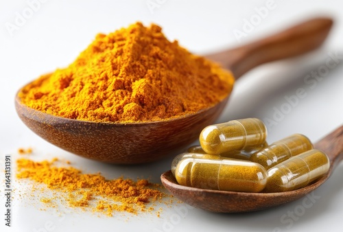 Turmeric powder and capsules in wooden spoons