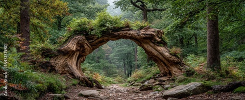 Ancient forest archway. Lush overgrown woodland path framed by a gnarled, arching tree trunk