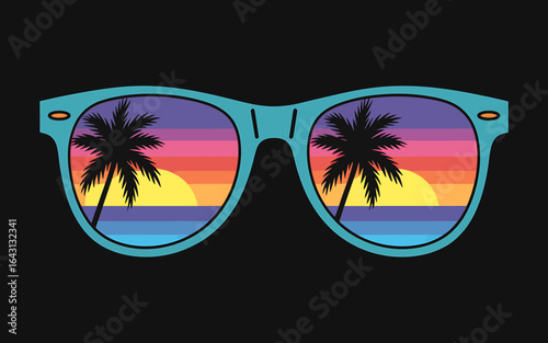 Tropical Sunset Mirrored in Stylish Sunglasses a Vibrant Beach Getaway Dream Illustration for Summer Vacation