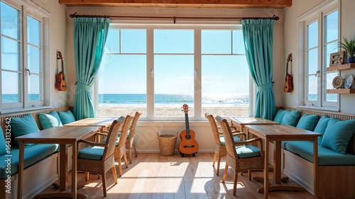 Charming seaside café with rustic wooden tables, wicker chairs, ocean blue cushions, and flowing curtains. Panoramic windows reveal white sand beach and calm sea under bright, sunny skies.