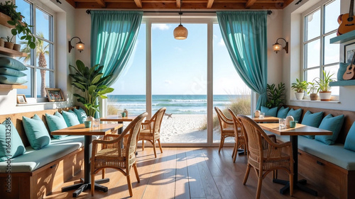 Charming seaside café with rustic wooden tables, wicker chairs, ocean blue cushions, and flowing curtains. Panoramic windows reveal white sand beach and calm sea under bright, sunny skies.