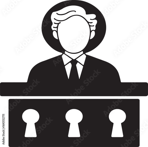 Figurative Iconography Symbolizing the Judiciary and Legal System with a Judge and Keyhole Motif for Confidentiality or Access to Justice