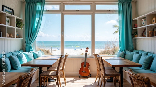 Cozy sofa on white sand beach with ocean blue cushions and flowing curtains. Tropical plants sway as gentle waves lap nearby under clear skies. Sunlit serene seaside setting blending comfort and natur