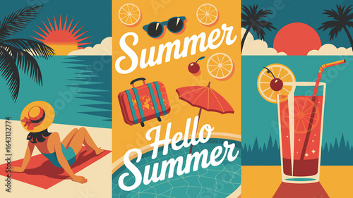 Vibrant Summer Vacation Illustration with Beach Scene Tropical Drink and Playful Summer Elements perfect for travel blog or vacation advertisement