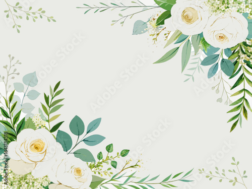 Elegant wedding invitation background with soft white space in the center, decorated with watercolor-style floral arrangements