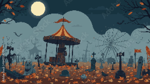 Haunted Carousel in a Spooky Graveyard Scene
