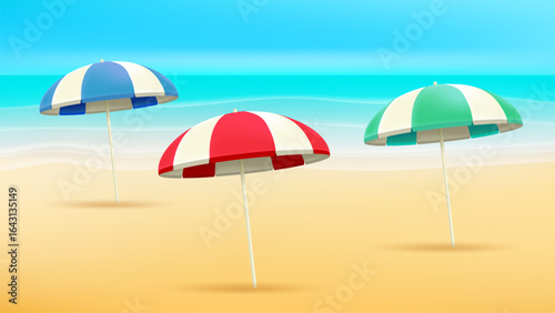 Color sun umbrellas in the beach. 3d vector illustration with copy space
