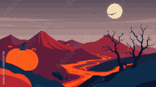 Pumpkin River and Moonlit Mountains in Pixel Art