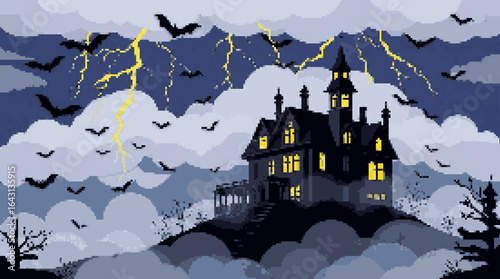 Spooky Haunted House Under Stormy Sky