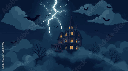 Haunted House Under Stormy Skies and Bats
