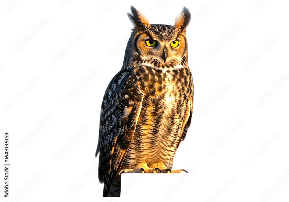 Naklejka premium Great horned owl perched on a branch isolated on transparent background