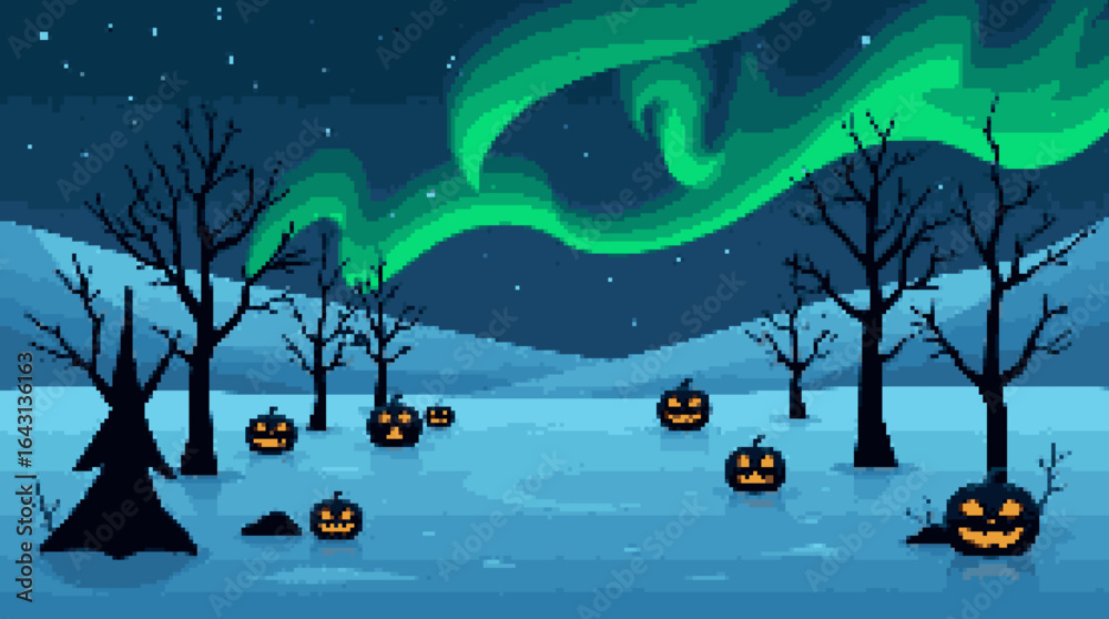 Naklejka premium Haunting Night with Pumpkins and Northern Lights