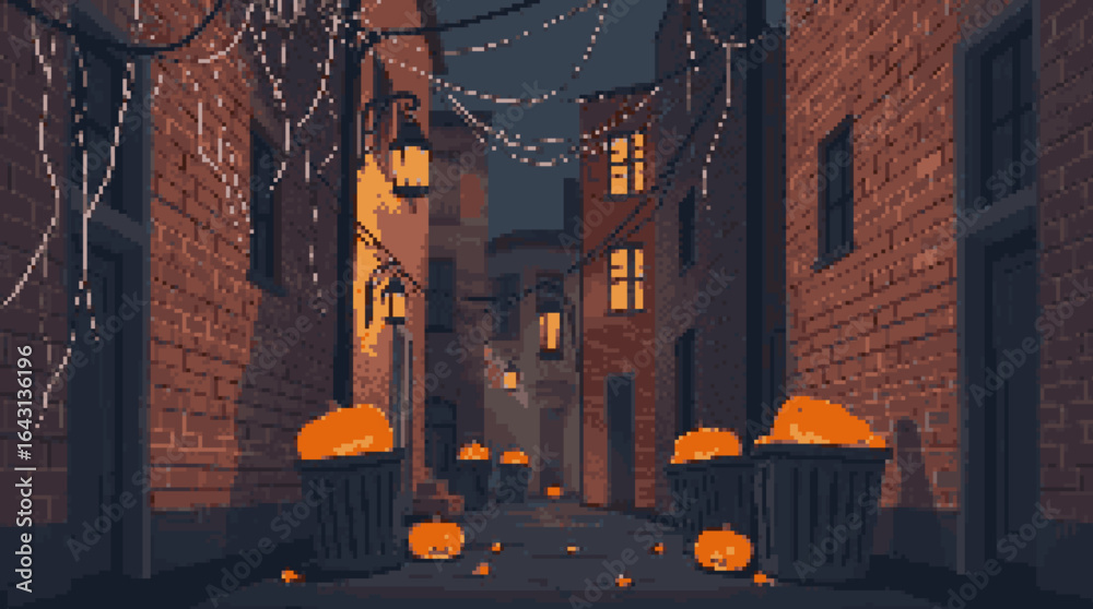 Obraz premium Charming Night Alleyway with Flickering Lanterns and Pumpkins