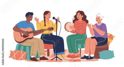 Diverse group of friends playing music together