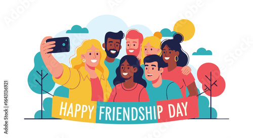 Happy Friendship Day diverse friends taking selfie celebrating unity