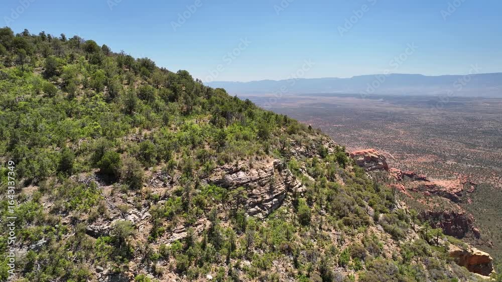 Aerial view of the rugged terrain and vibrant red rock formations along Red Canyon Road, contrasting with the green vegetation, Sedona, Arizona, United States. Aerial view of the rugged terrain and vibrant red rock formations along Red Canyon Road, contrasting with the green vegetation, Sedona, Arizona, United States.