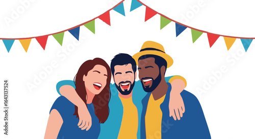Happy Diverse Friends Celebrating Together with Party Banners