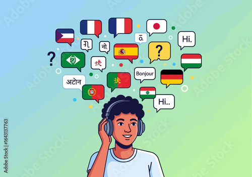 Man Surrounded by Speech Bubbles with Different Languages Representing Global Communication