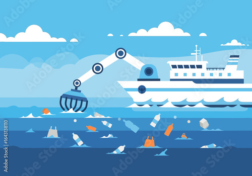 Ocean Cleanup Robotic Arm Collecting Plastic Waste from Sea