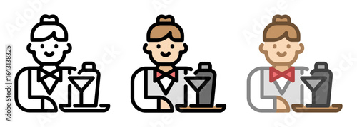 Female bartender icon. Barkeeper line and fill icon. Outline, filled, and color versions. Vector illustration with editable stroke. Isolated on transparent background.