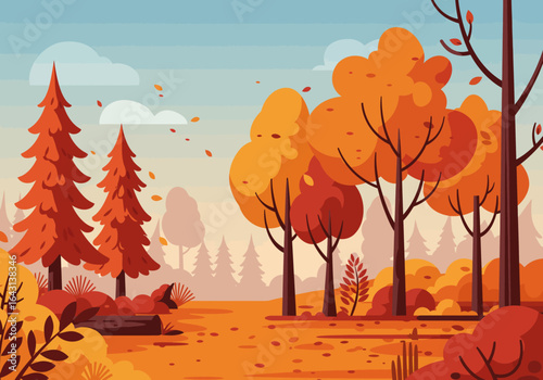 Autumnal Forest Landscape with Colorful Trees and Falling Leaves.