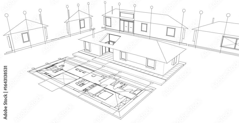 Fototapeta premium one-story traditional house plan 3d illustration