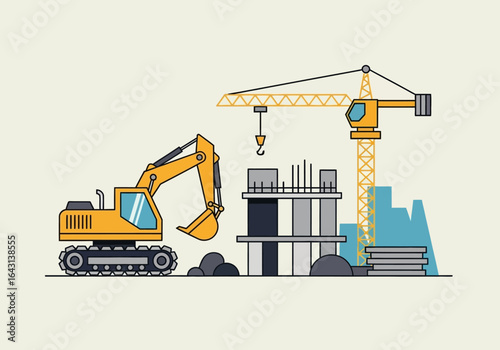 Construction site with heavy machinery, including an excavator and crane, during a building development project