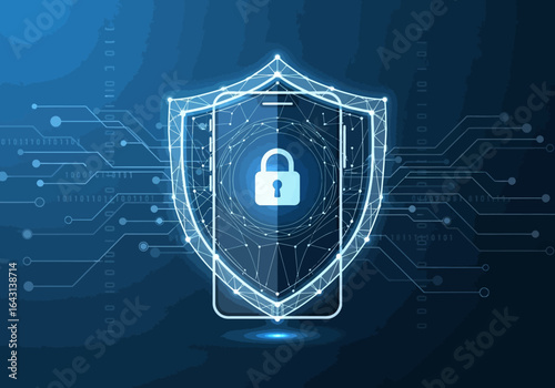 Cybersecurity concept with a digital shield protecting a smartphone from cyber attacks. Abstract futuristic technology background.