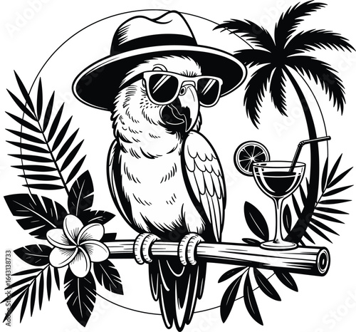 Cool tropical parrot in sunglasses and hat, summer beach vibe illustration, exotic bird with cocktail, palm trees, vacation party art
